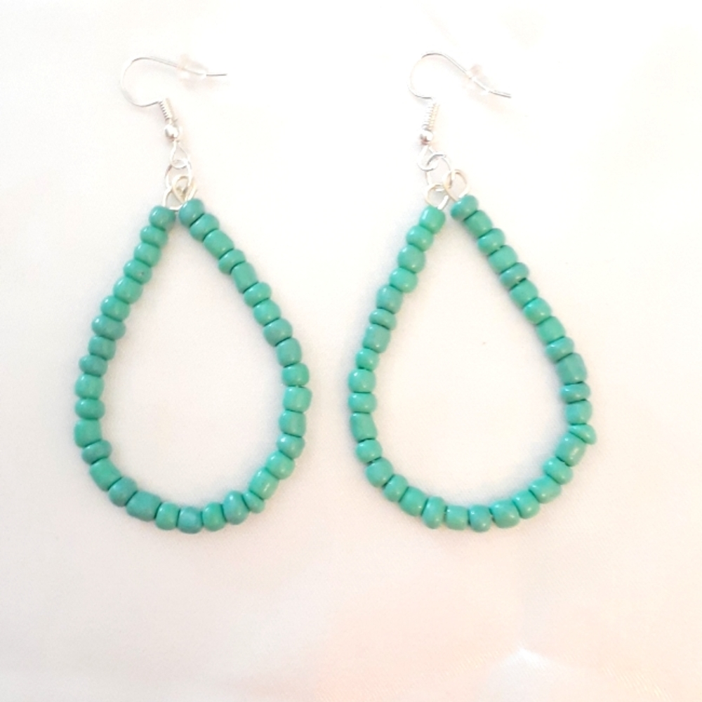 Turquoise Seed bead earrings teardrop hoop dangle silver plated hook handmade
